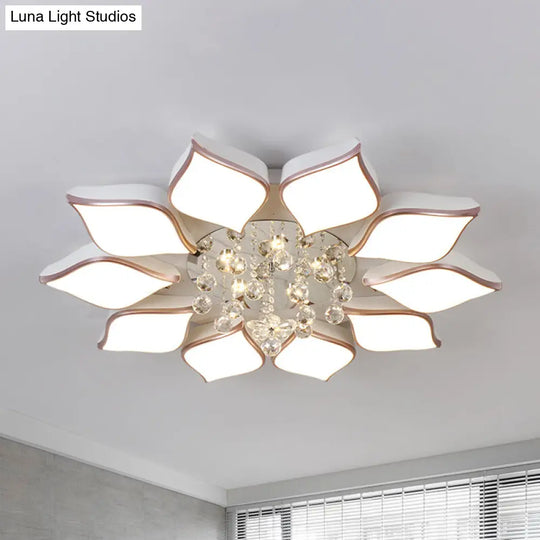 Modern White Blooming Flush Mount Ceiling Light With Crystal Drop - 8/10 Heads Warm Ambiance For