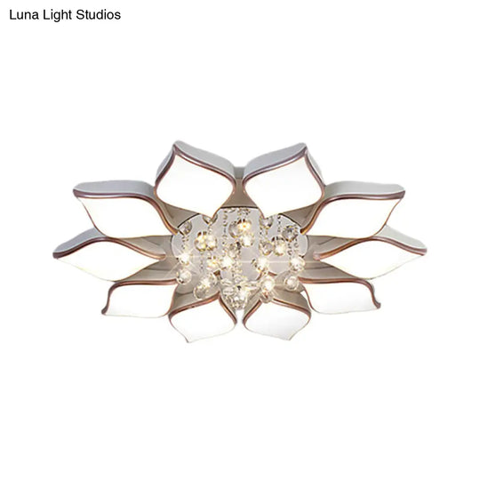 Modern White Blooming Flush Mount Ceiling Light With Crystal Drop - 8/10 Heads Warm Ambiance For