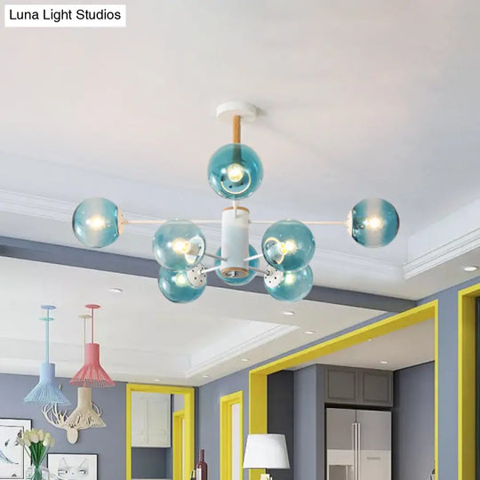 Modern White/Blue/Amber Glass Pendant Chandelier: Spherical Shade 6/8/9 Light Hanging Lamp