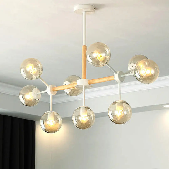 Modern White/Blue/Amber Glass Pendant Chandelier: Spherical Shade 6/8/9 Light Hanging Lamp 9 / Amber