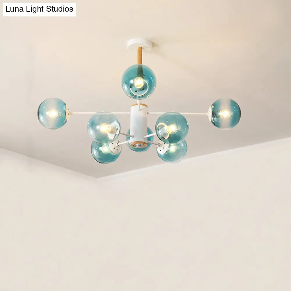 Modern White/Blue/Amber Glass Pendant Chandelier: Spherical Shade 6/8/9 Light Hanging Lamp