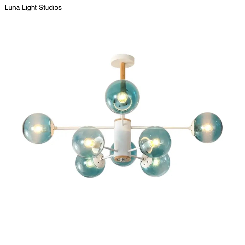 Modern White/Blue/Amber Glass Pendant Chandelier: Spherical Shade 6/8/9 Light Hanging Lamp