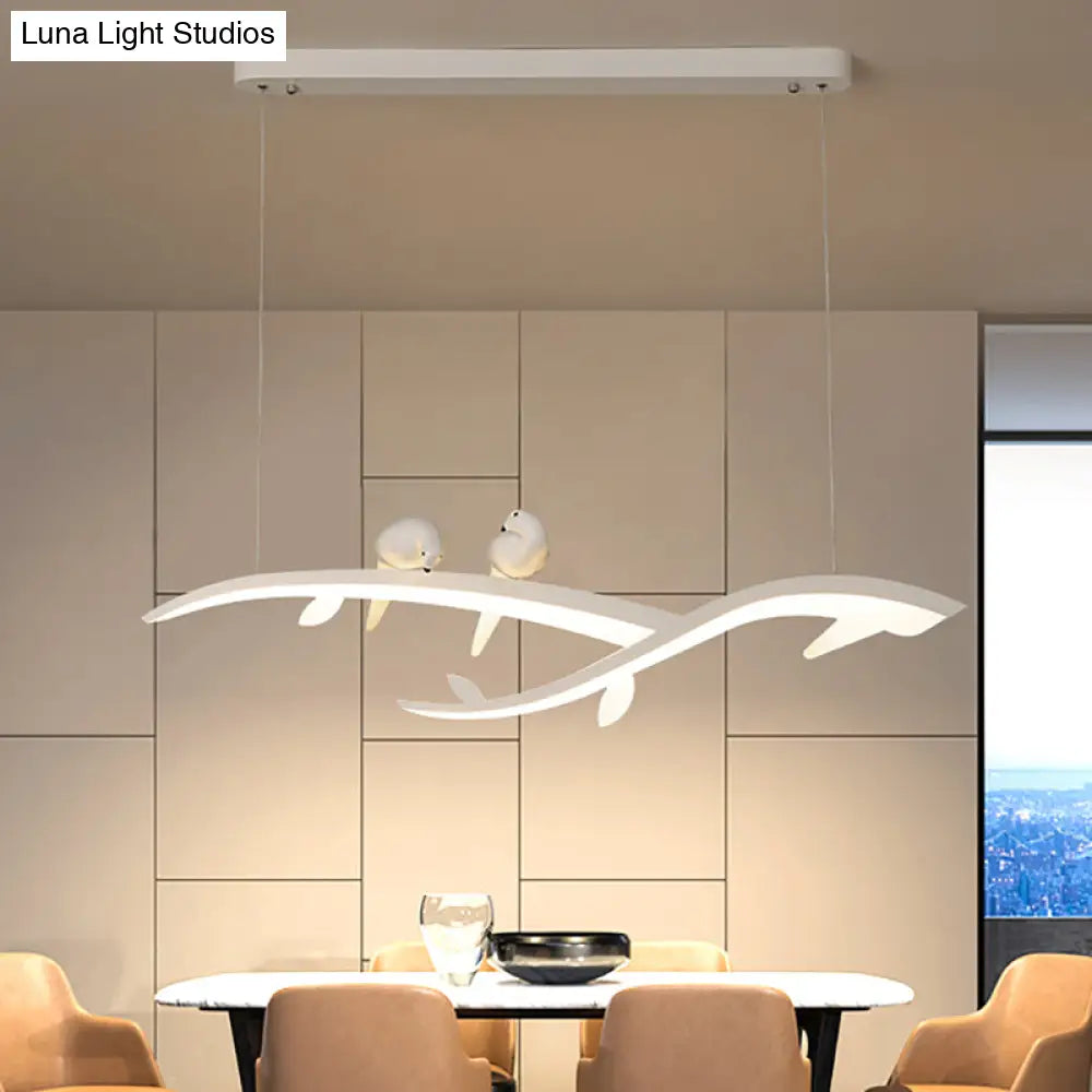 Modern White Branch Led Island Light - 27/37.5 Wide Acrylic Pendant With Warm/White And Bird Design