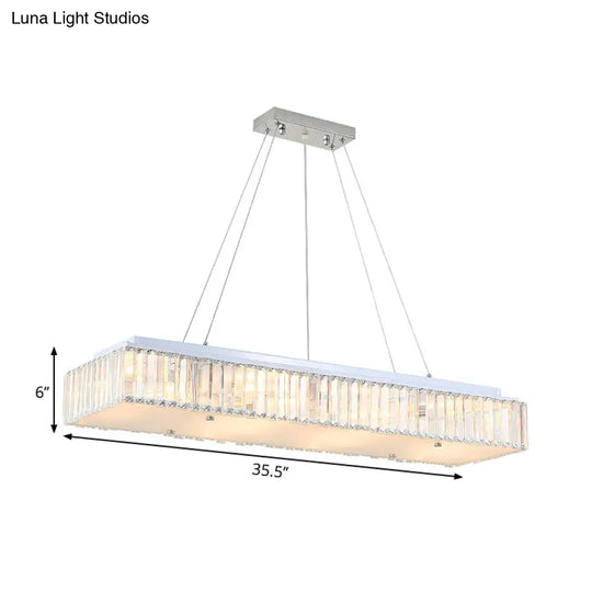 Modern White Chandelier: 8-Light Rectangular Pendant With Crystal Block And Glass Diffuser