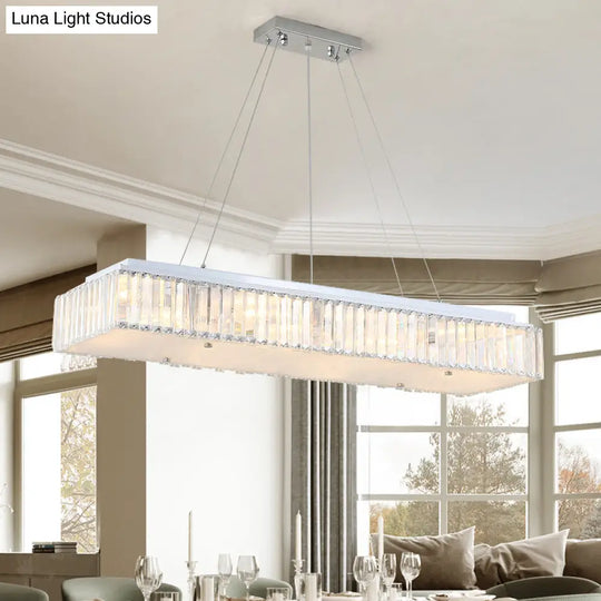 Modern White Chandelier: 8-Light Rectangular Pendant With Crystal Block And Glass Diffuser