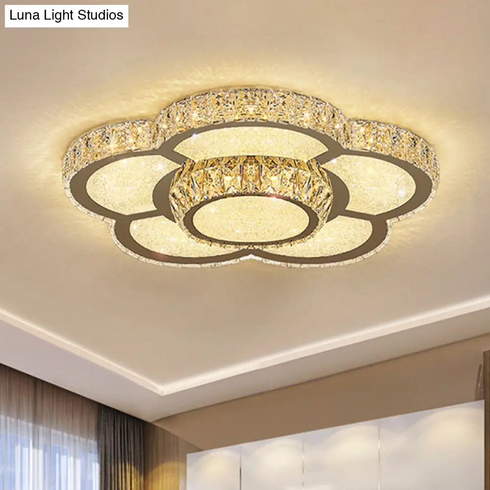 Modern White Clear Crystal Glass Flower Flush Mount Led Ceiling Light - 14/18/23.5 Warm/White Remote