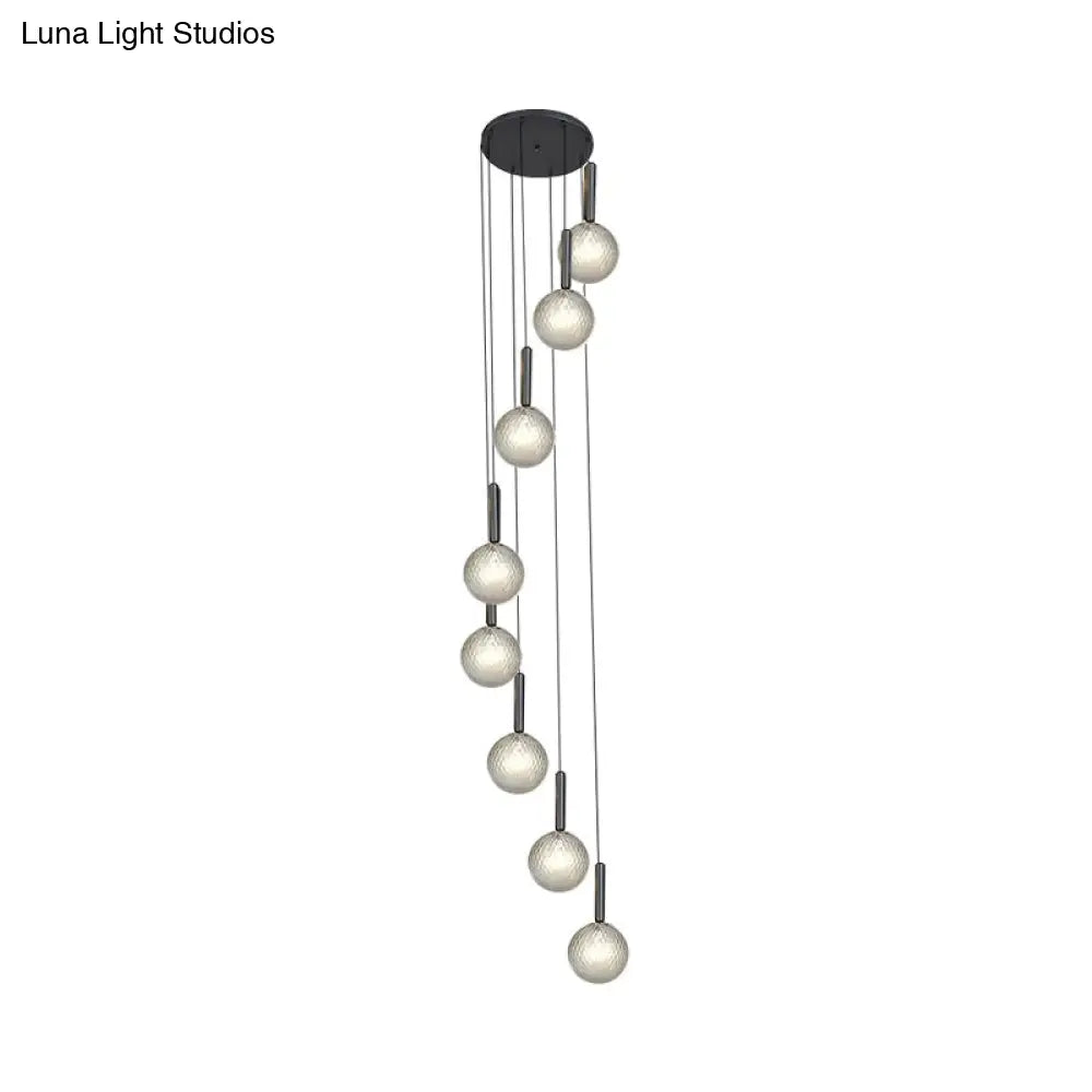 Spiral Multi Light Pendant With Lattice Glass - White/Clear Modern Design 8/9 Heads Black Hanging