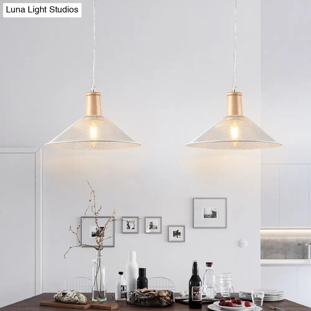 Modern White Cone Dining Room Pendant Lamp With Wood Cap