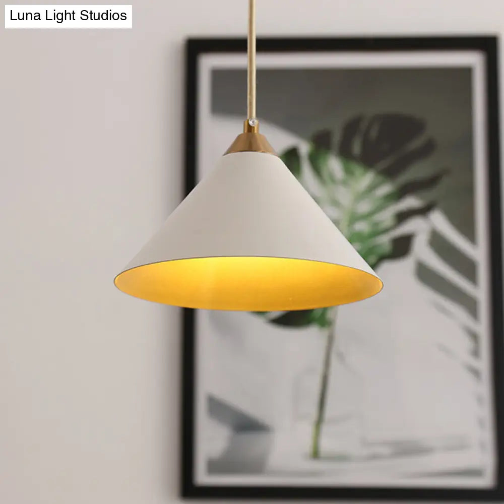 White Modern Conical Ceiling Light: 1-Bulb Metal Pendant Fixture For Living Room