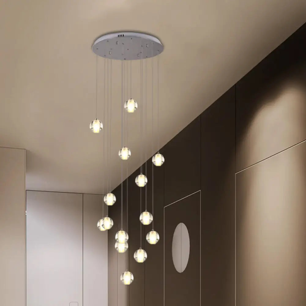 Modern White Crystal Cluster Pendant Light With 14 Bulbs - Meteor Shower Stair Hanging Lamp / Round