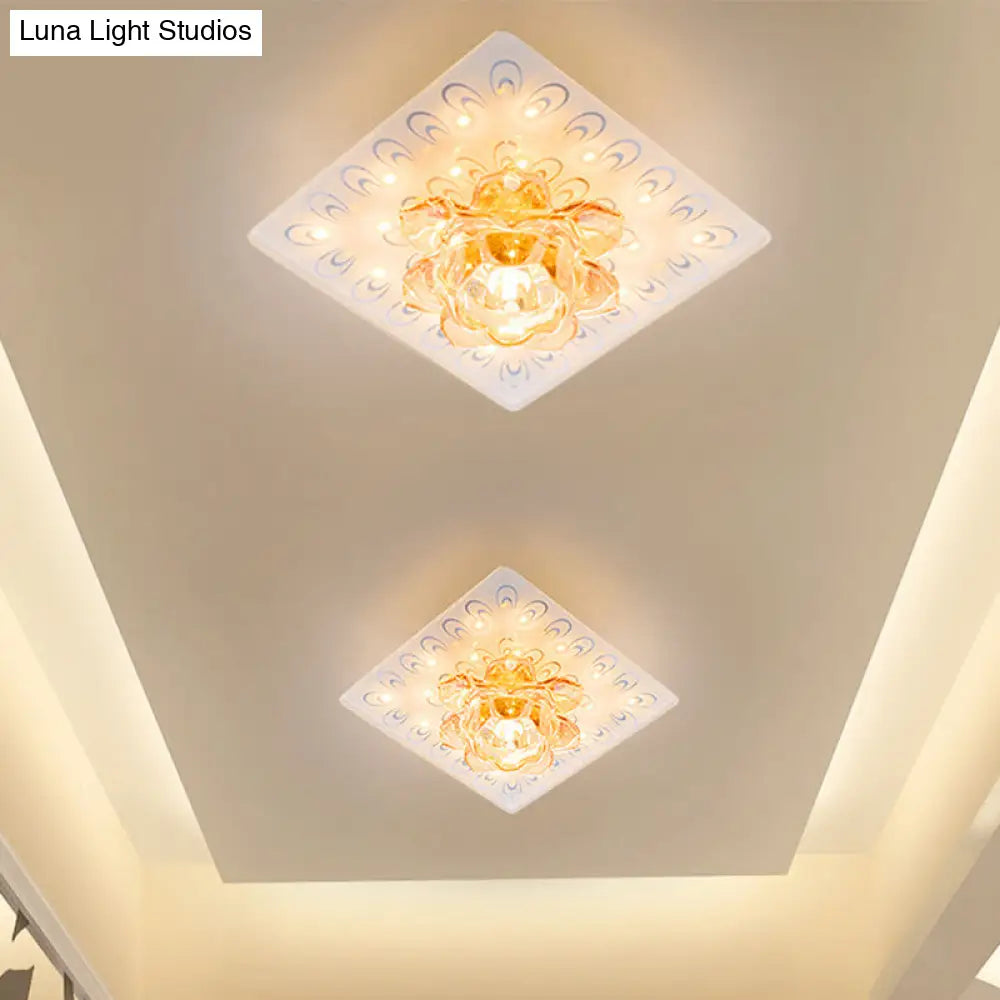 Modern White Crystal Flush Mount Led Ceiling Lamp With Lotus Blossom Design In Warm/White Light