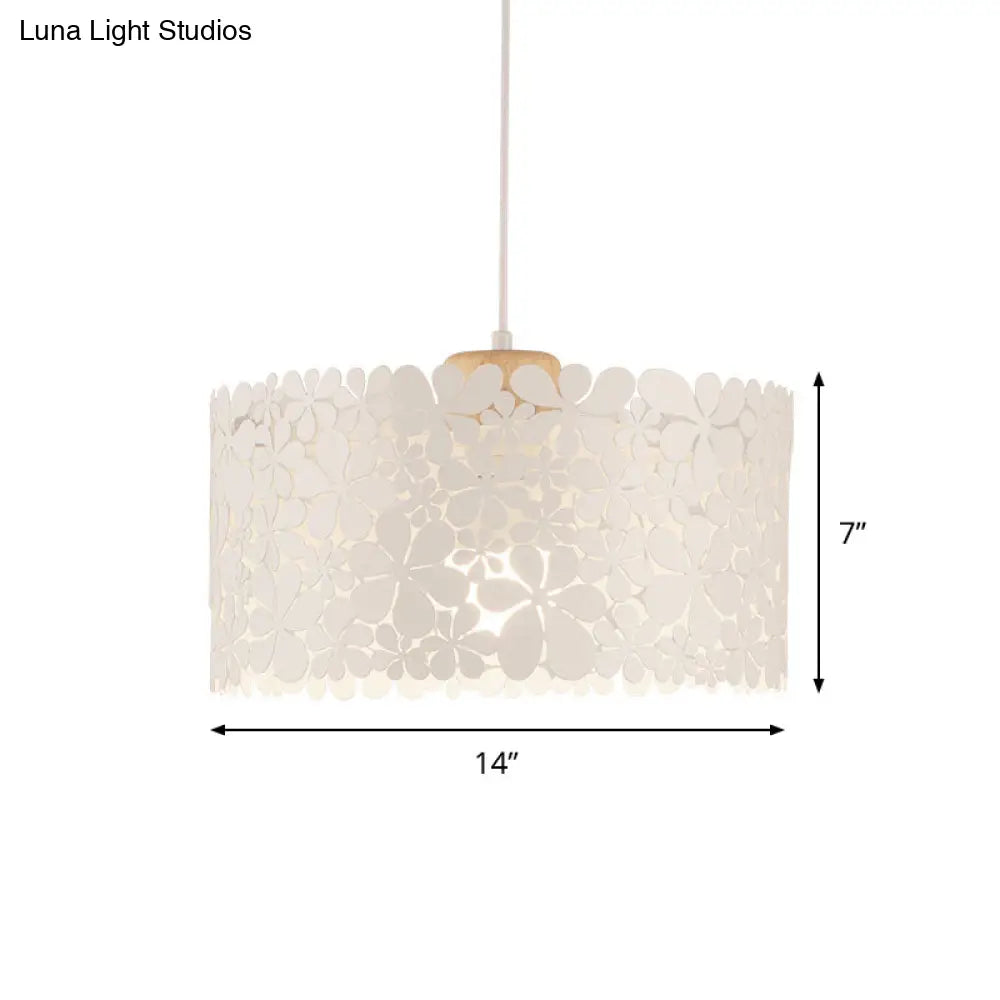 Modern Cutout Petals Drum Iron Pendant Lamp - 1 Head White Ceiling Light For Dining Room