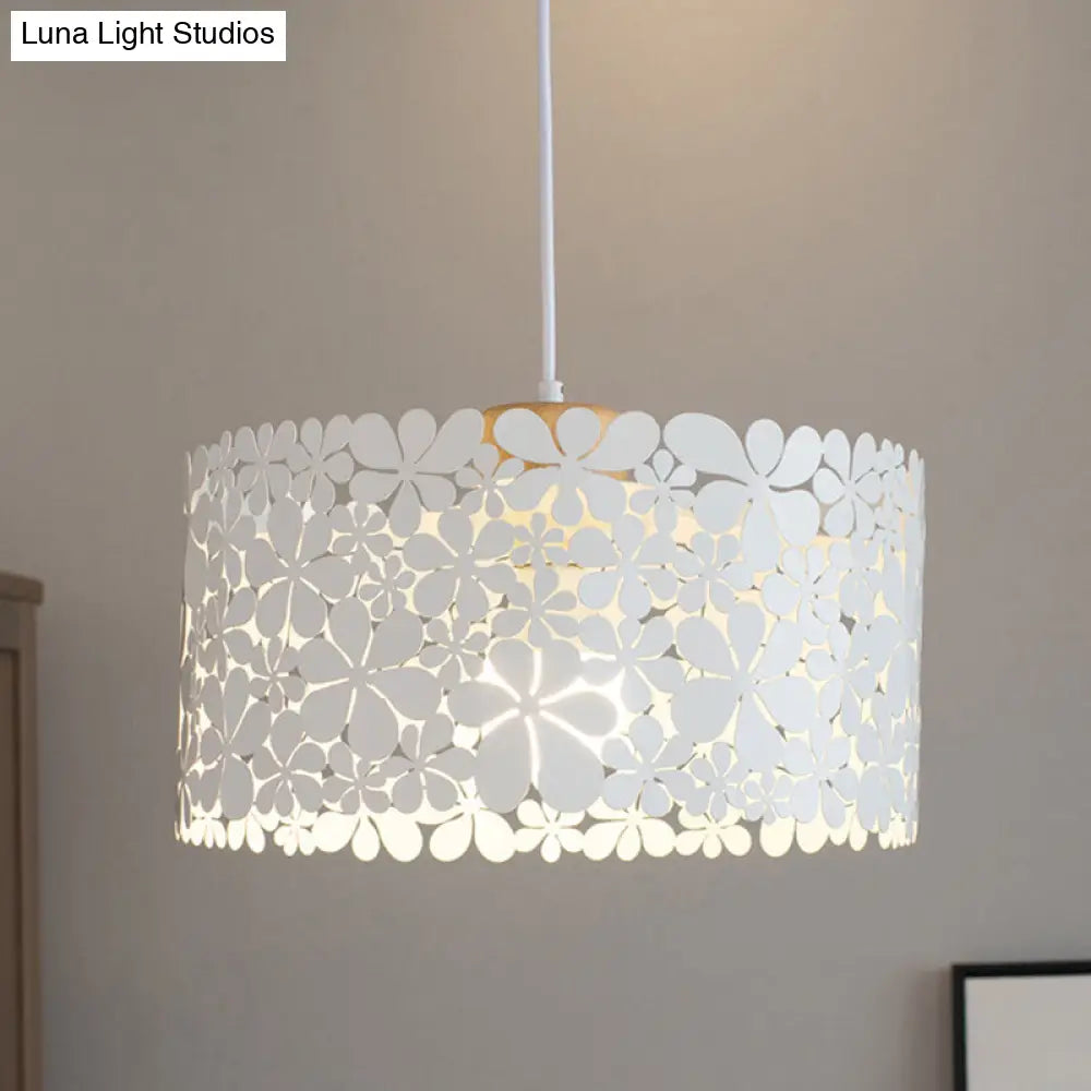 Modern Cutout Petals Drum Iron Pendant Lamp - 1 Head White Ceiling Light For Dining Room