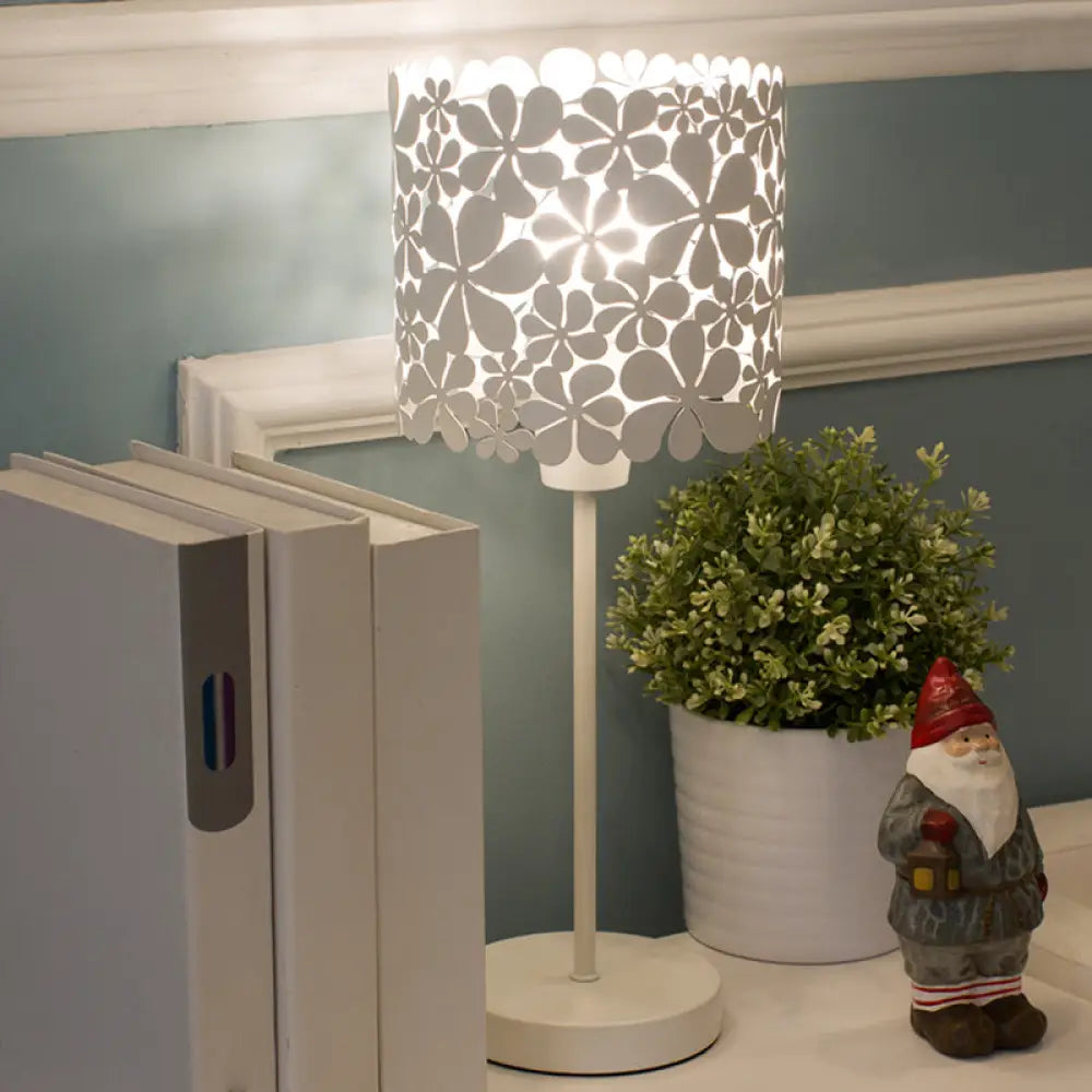 Modern White Cylinder Iron Table Lamp With Flower Design - 1 Light Nightstand