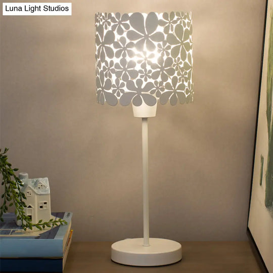 Modern White Cylinder Iron Table Lamp With Flower Design - 1 Light Nightstand