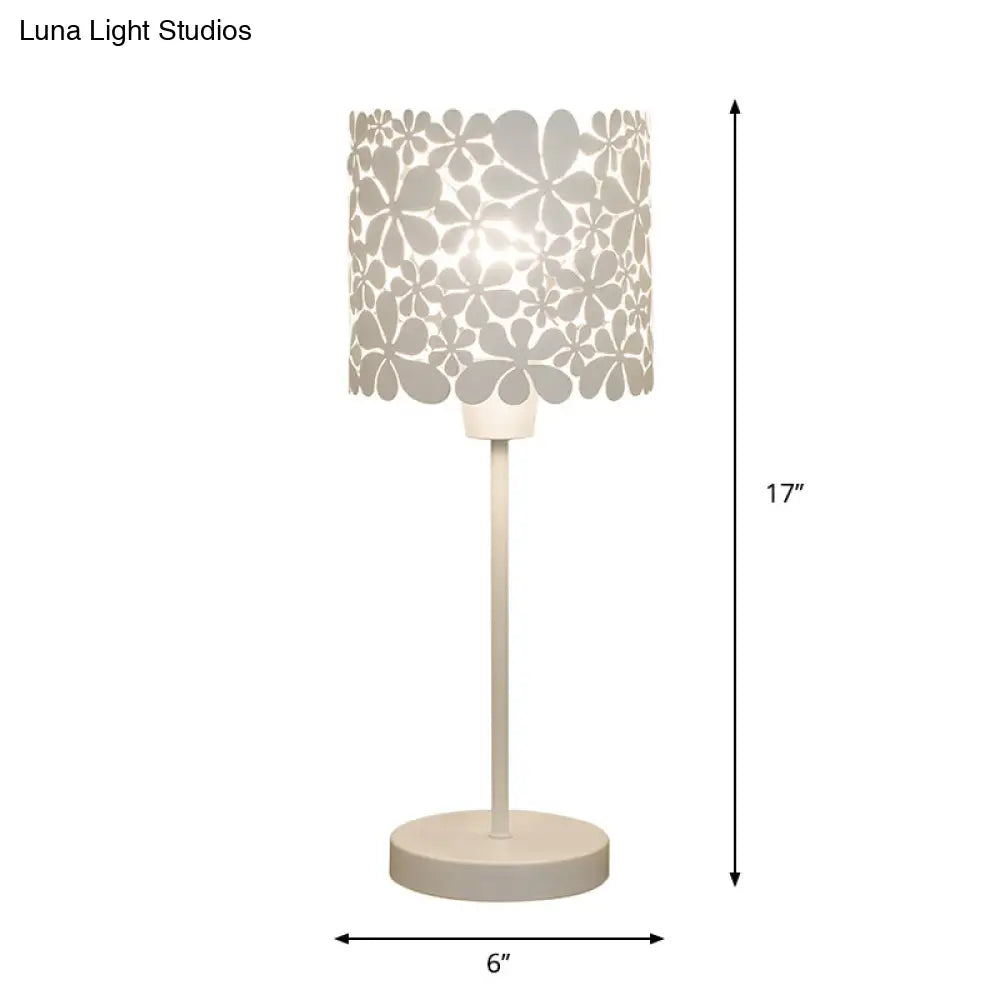 Modern White Cylinder Iron Table Lamp With Flower Design - 1 Light Nightstand