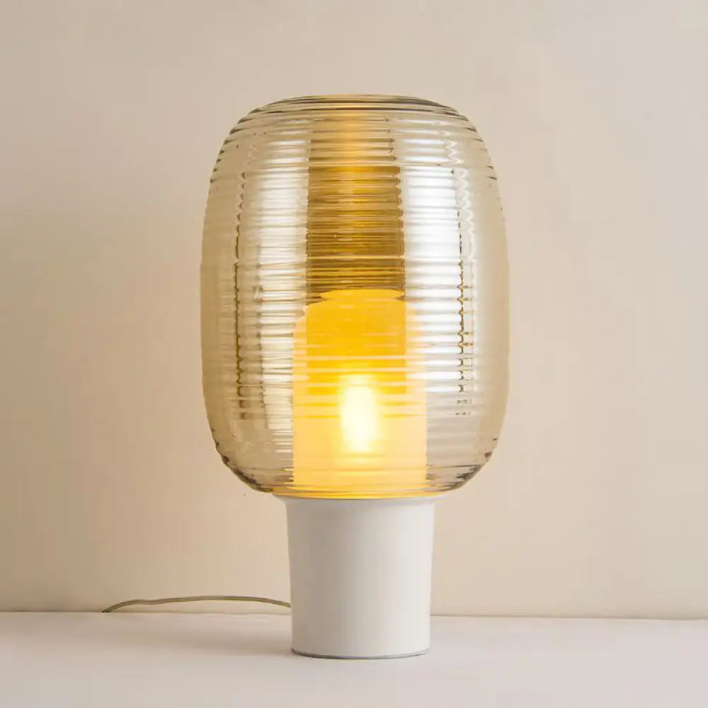 Modern White Desk Lamp With Amber Glass Shade - 1 Bulb Oblong Night Table Light