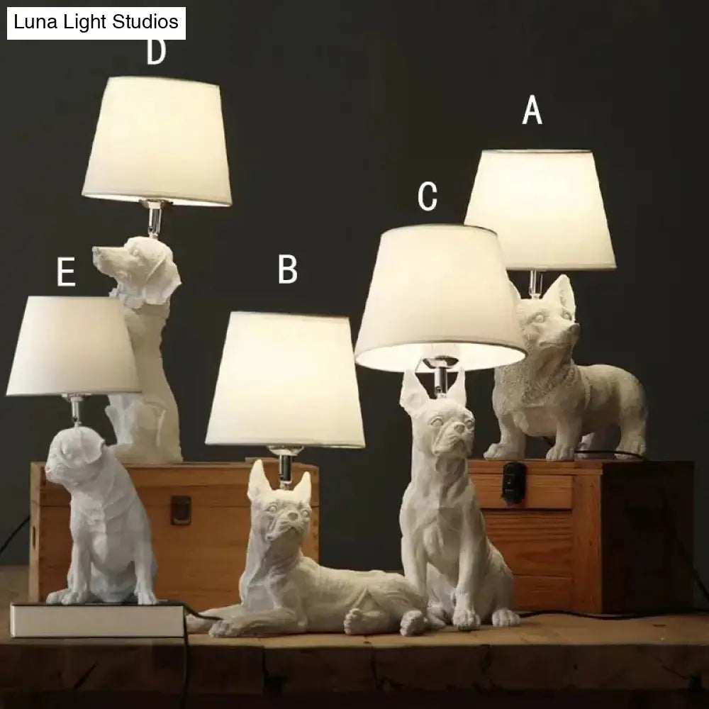 Modern White Dog Study Table Lamp With Fabric Shade