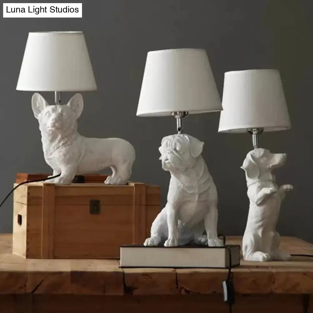 Modern White Dog Study Table Lamp With Fabric Shade