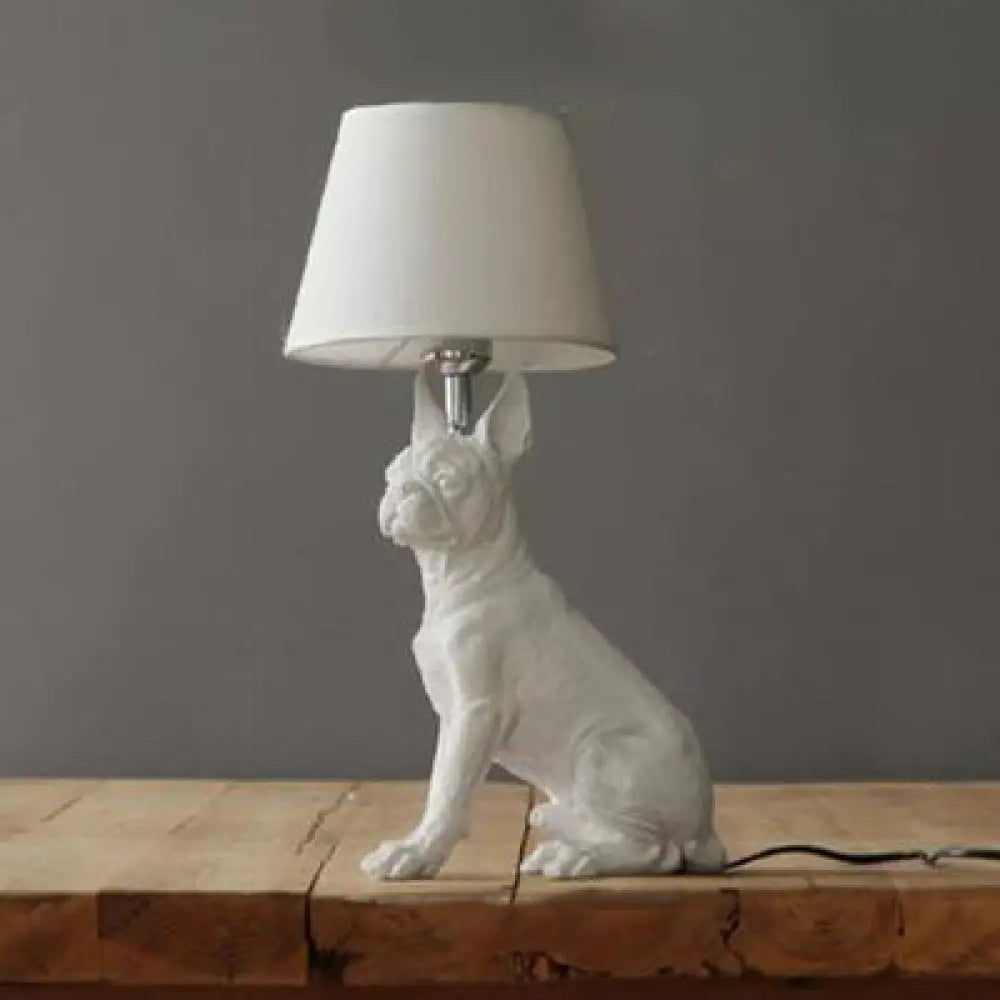 Modern White Dog Study Table Lamp With Fabric Shade / Boston Terrier - Standing