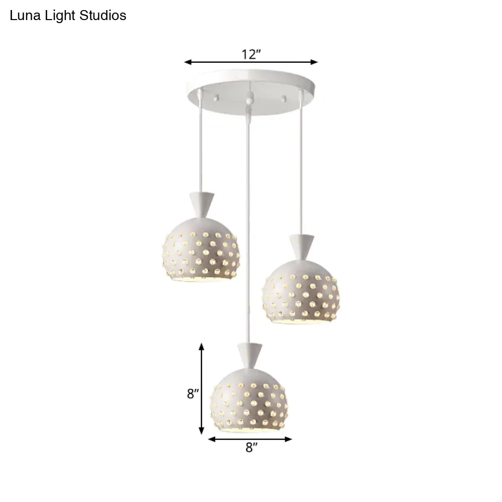 Modern White Domed Restaurant Ceiling Lamp With Crystal Bead Design - 3 Light Pendant