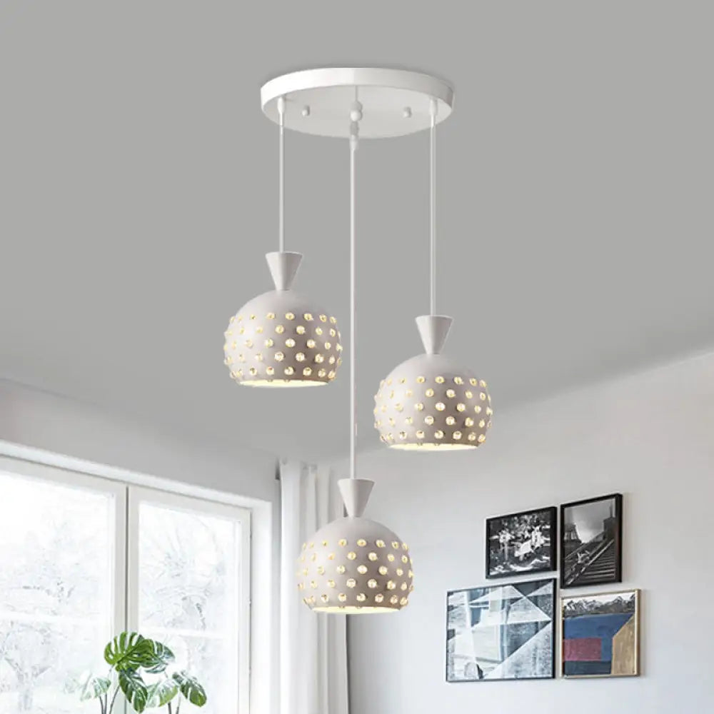 Modern White Domed Restaurant Ceiling Lamp With Crystal Bead Design - 3 Light Pendant