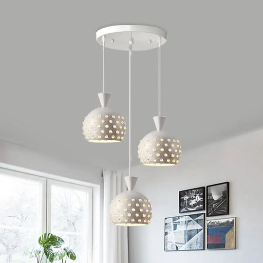 Modern White Domed Restaurant Ceiling Lamp With Crystal Bead Design - 3 Light Pendant