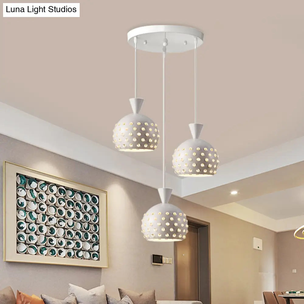 Modern White Domed Restaurant Ceiling Lamp With Crystal Bead Design - 3 Light Pendant