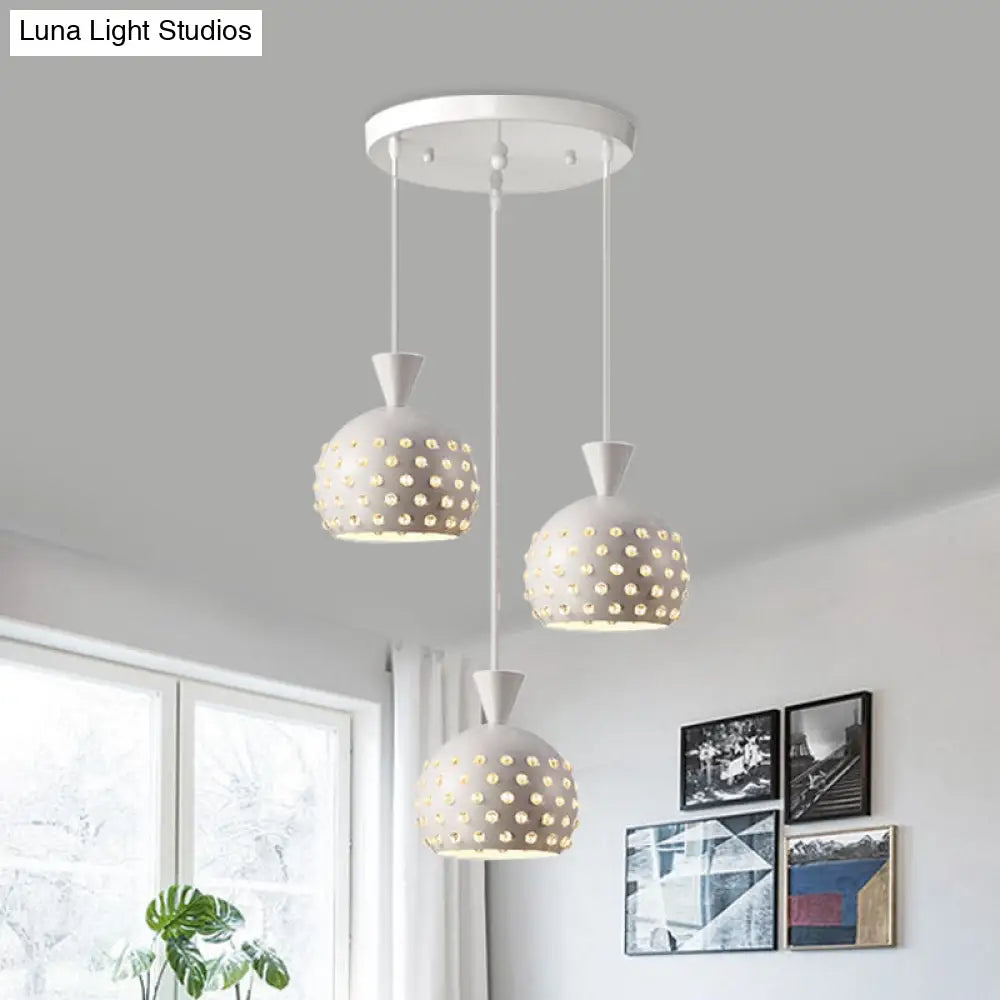 White Domed Multi-Pendant Iron Ceiling Lamp With Crystal Bead Design - Modernist 3-Light Fixture For