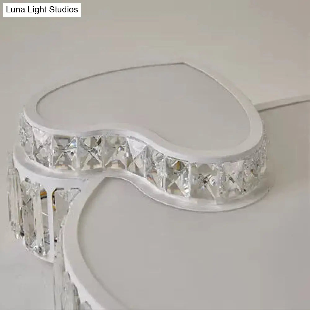 Modern White Double Heart Led Flushmount Light With Clear Crystal Deco Stylish Acrylic Ceiling For