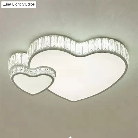 Modern White Double Heart Led Flushmount Light With Clear Crystal Deco Stylish Acrylic Ceiling For