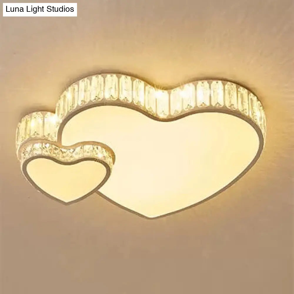 Modern White Double Heart Led Flushmount Light With Clear Crystal Deco Stylish Acrylic Ceiling For