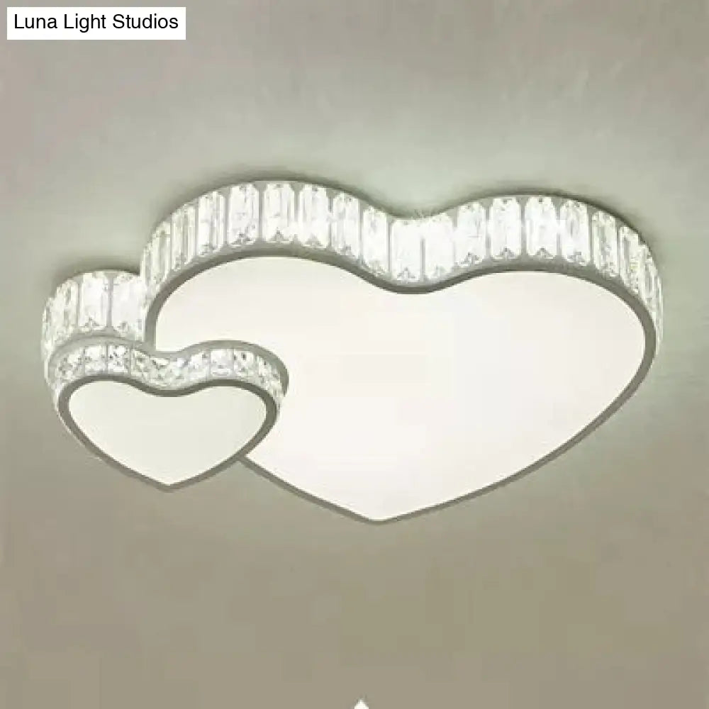 Modern White Double Heart Led Flushmount Light With Clear Crystal Deco – Stylish Acrylic Ceiling