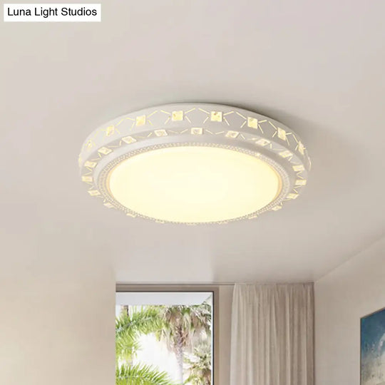 Modern White Drum Ceiling Flush Mount With Crystal Accent Led Fixture - Perfect For Bedrooms