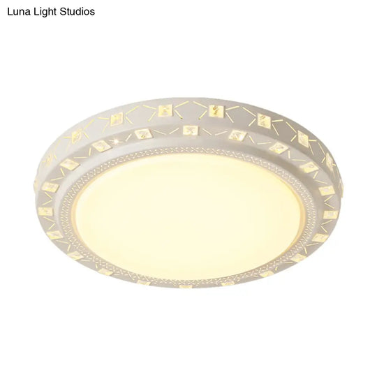 Modern White Drum Ceiling Flush Mount With Crystal Accent Led Fixture - Perfect For Bedrooms 16/19.5