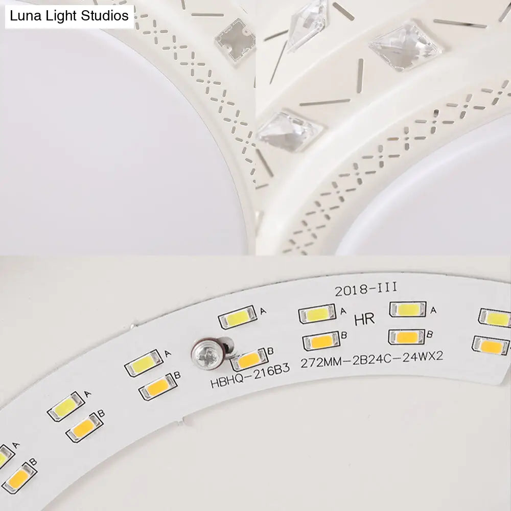 Modern White Drum Ceiling Flush Mount With Crystal Accent Led Fixture - Perfect For Bedrooms 16/19.5
