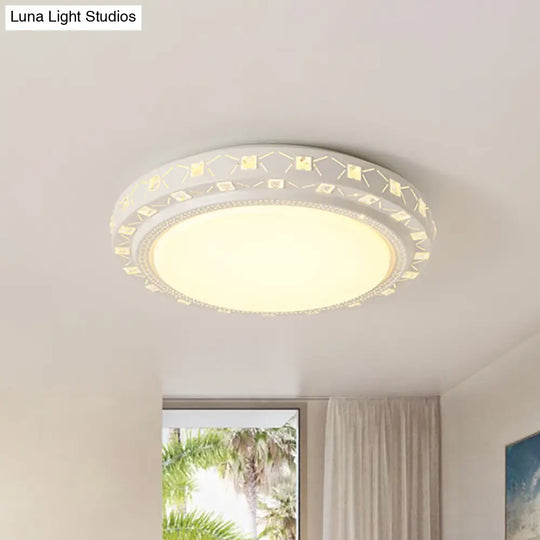 Modern White Drum Ceiling Flush Mount With Crystal Accent Led Fixture - Perfect For Bedrooms 16/19.5