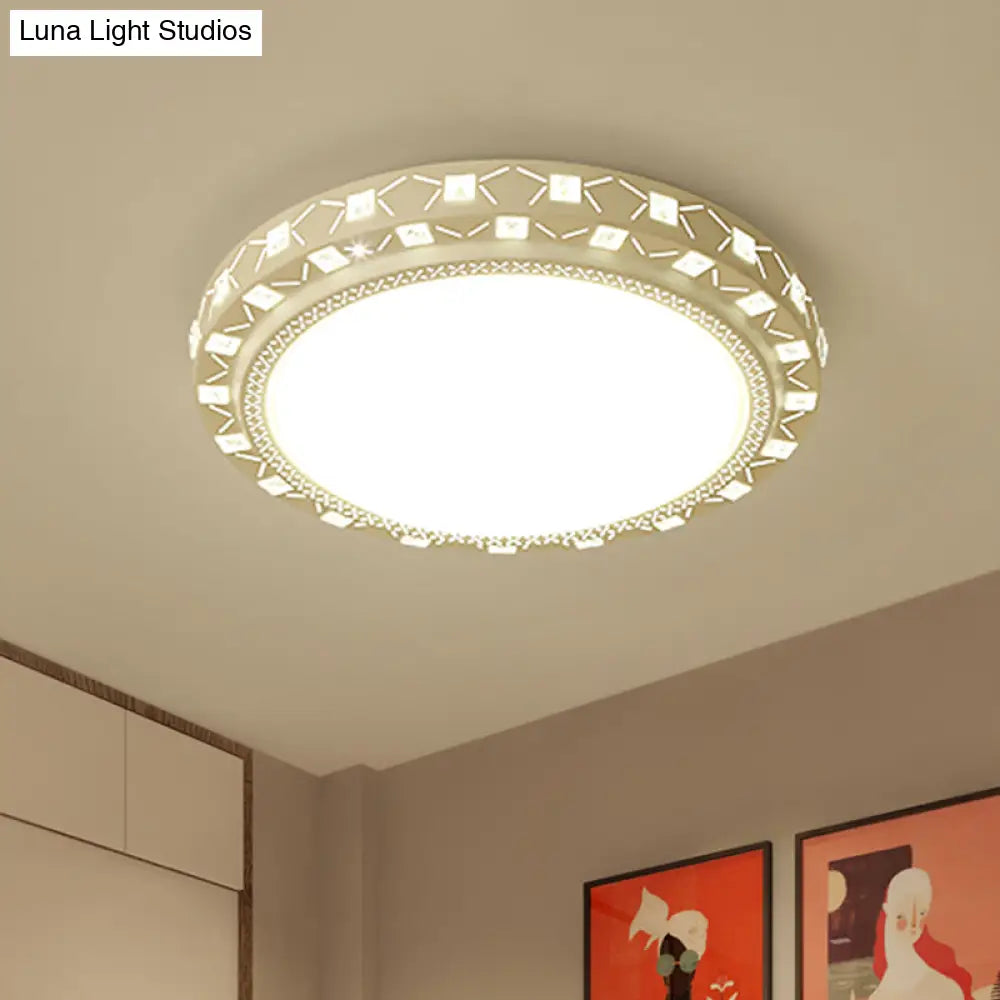 Modern White Drum Ceiling Flush Mount With Crystal Accent Led Fixture - Perfect For Bedrooms 16/19.5