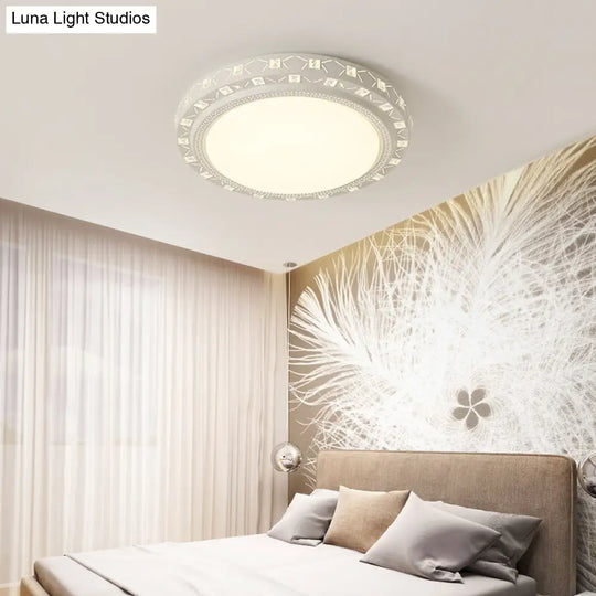 Modern White Drum Ceiling Flush Mount With Crystal Accent Led Fixture - Perfect For Bedrooms 16/19.5