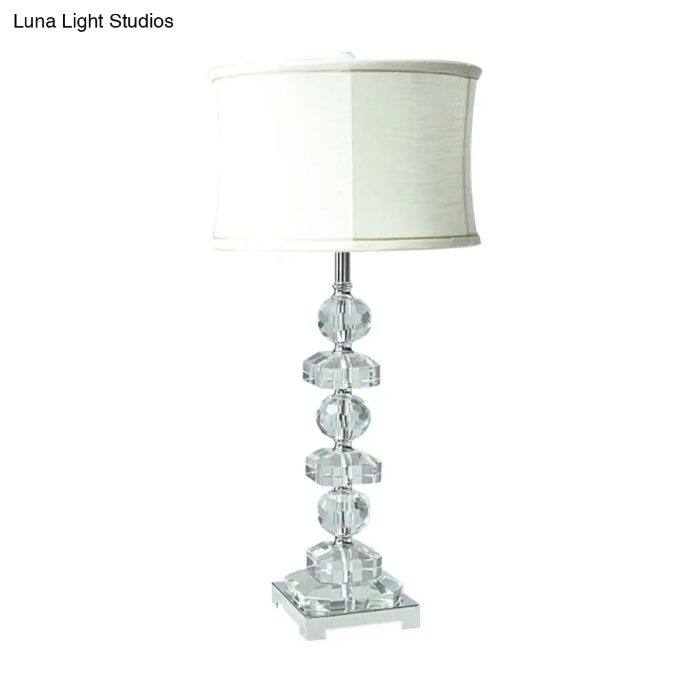 Modern White Drum Table Lamp: 1 Light Crystal Nightstand Lighting For Living Room