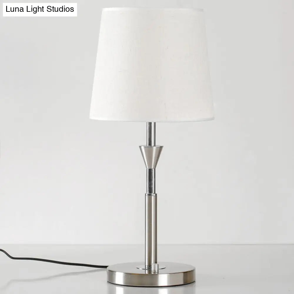 Modern White Fabric Barrel Desk Light With Metal Base - 1 Bulb Night Table Lamp