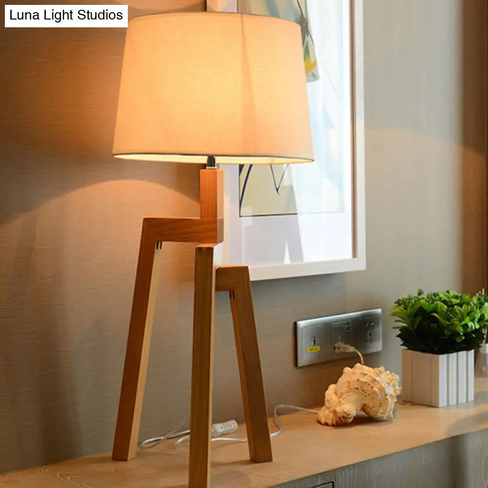 Modern White Fabric Desk Lamp With Wood Tripod Base