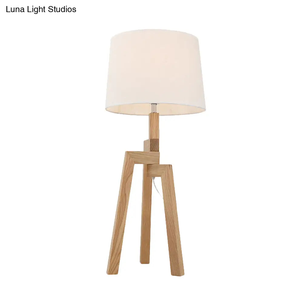 Modern White Fabric Desk Lamp With Wood Tripod Base