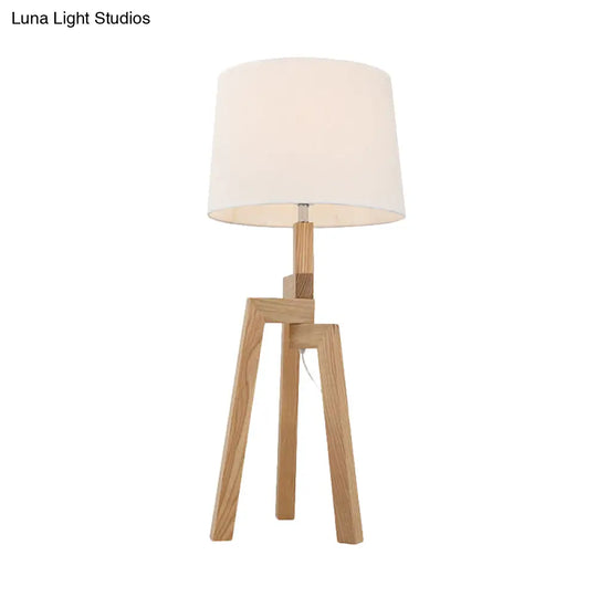 Modern White Fabric Desk Lamp With Wood Tripod Base