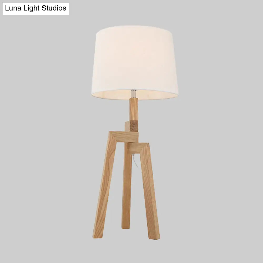 Modern White Fabric Desk Lamp With Wood Tripod Base