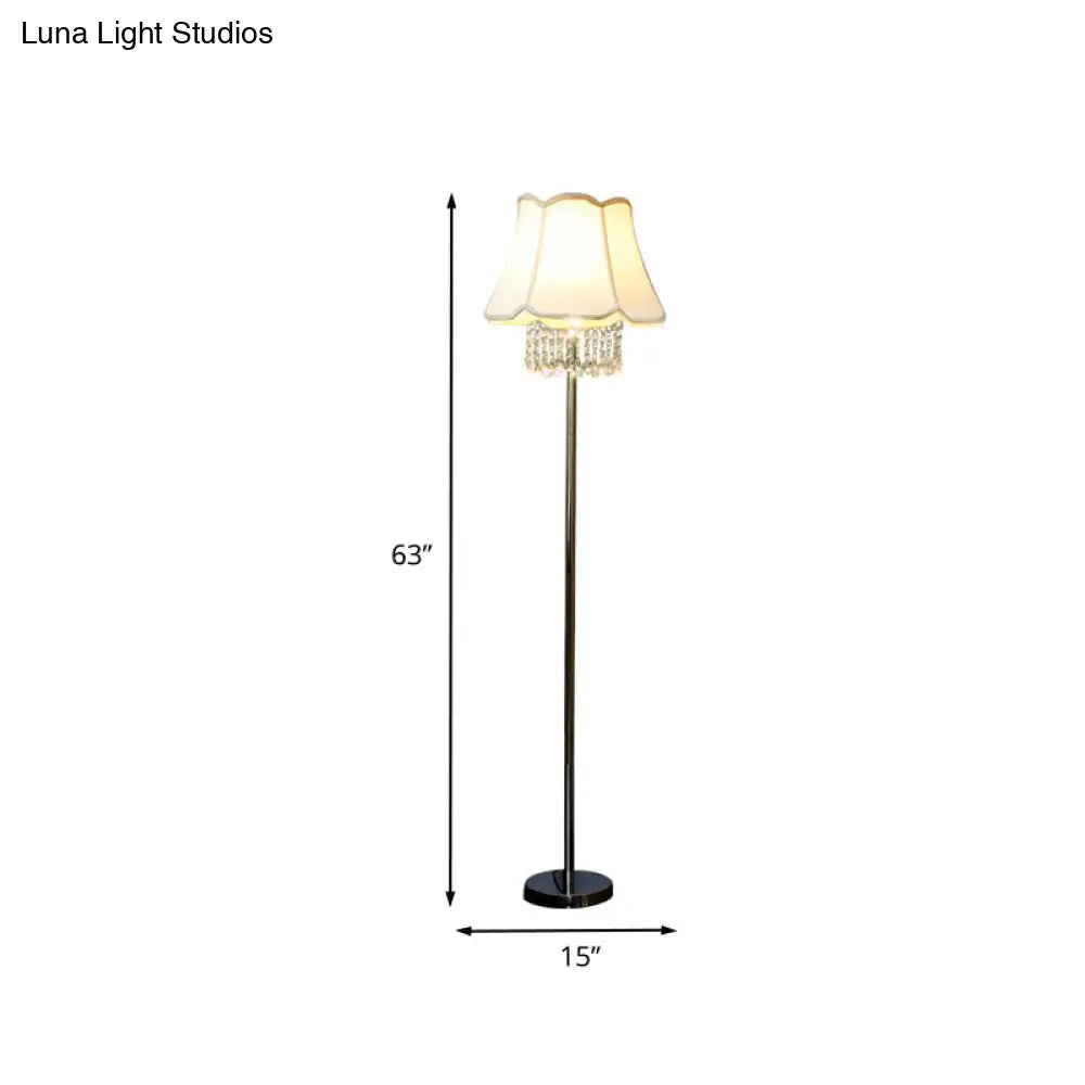 Modern White Fabric Flared Floor Reading Lamp With Crystal Drape