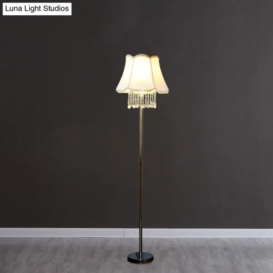 Modern White Fabric Flared Floor Reading Lamp With Crystal Drape