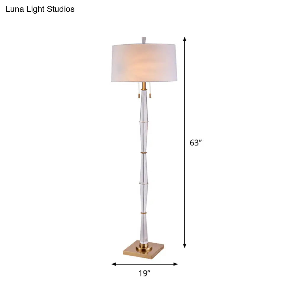 Modern White Fabric Floor Lamp With Crystal Rod And Pull Chain - Elegant Minimalist Design 2 Bulbs