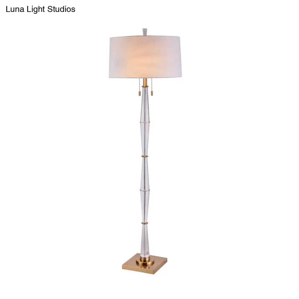 Modern White Fabric Floor Lamp With Crystal Rod And Pull Chain - Elegant Minimalist Design 2 Bulbs