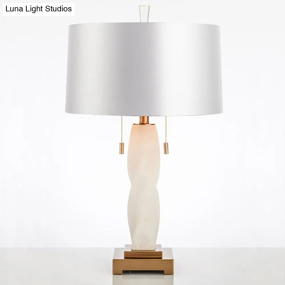 Modern White Fabric Night Table Lamp With Pull Chain - 2 Heads Cylindrical Desk Light